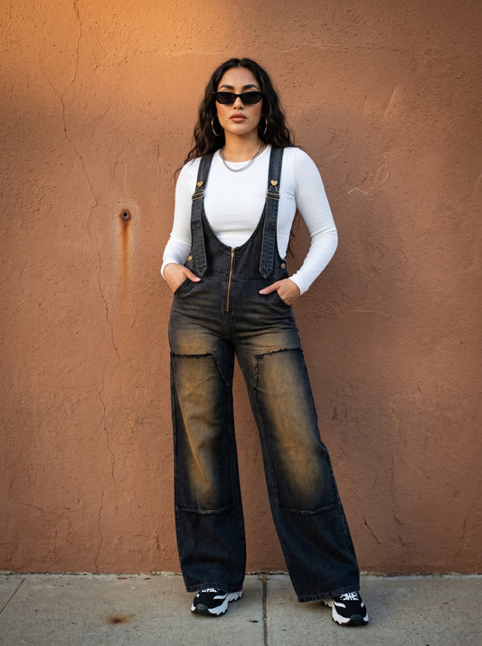 Urban Noir Denim Overalls Black Jumpsuit