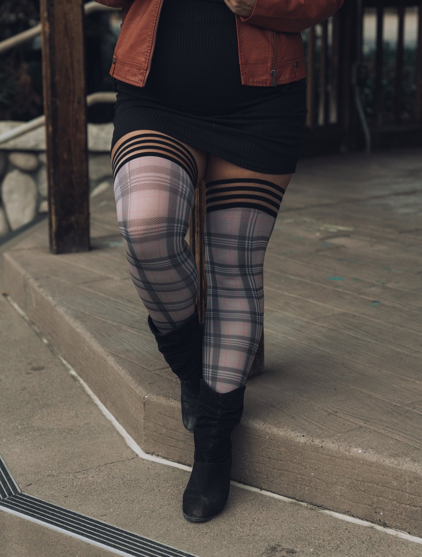 Lori: From Backroads to Boardrooms, Tan/Black Plaid Thigh Highs