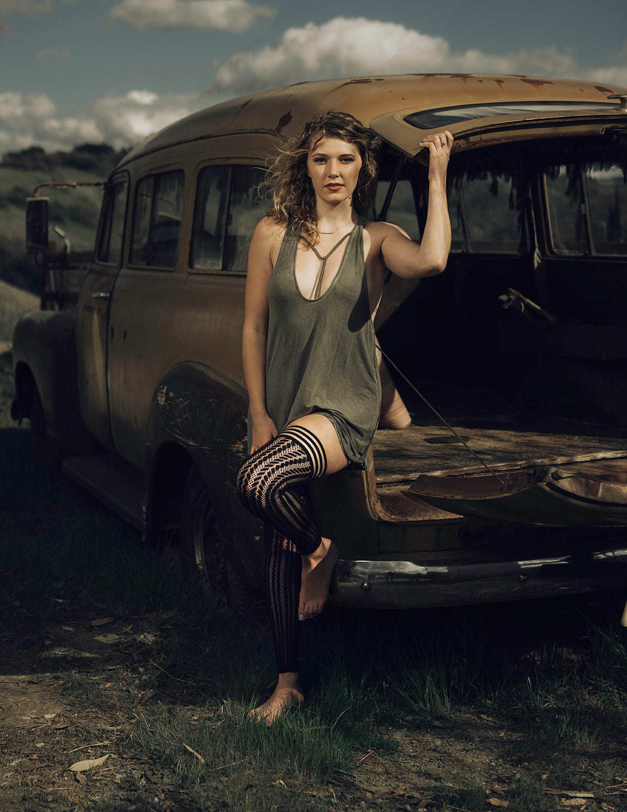 Lindsay: Foot Loose & Fancy Free, Footless Black Stripe Fishnet Thigh Highs