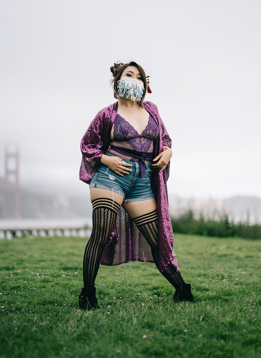 Lindsay: Foot Loose & Fancy Free, Footless Black Stripe Fishnet Thigh Highs