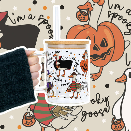 Spooky Goose 17oz Glass Mug With Lid and Straw