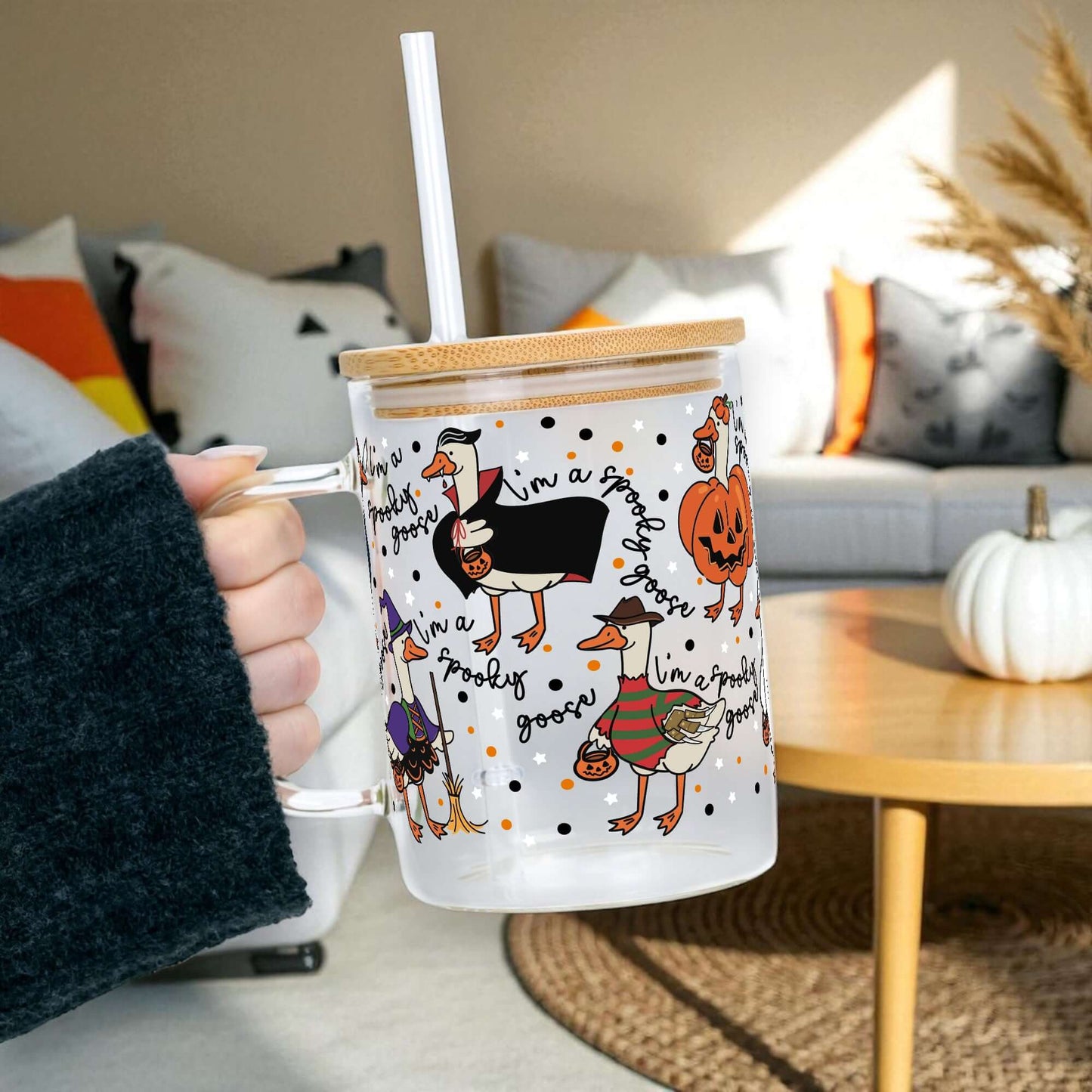 Spooky Goose 17oz Glass Mug With Lid and Straw