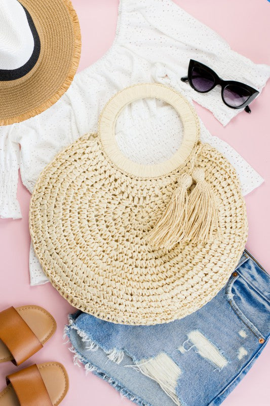 Straw Tassel O-Ring Tote, Second Front View