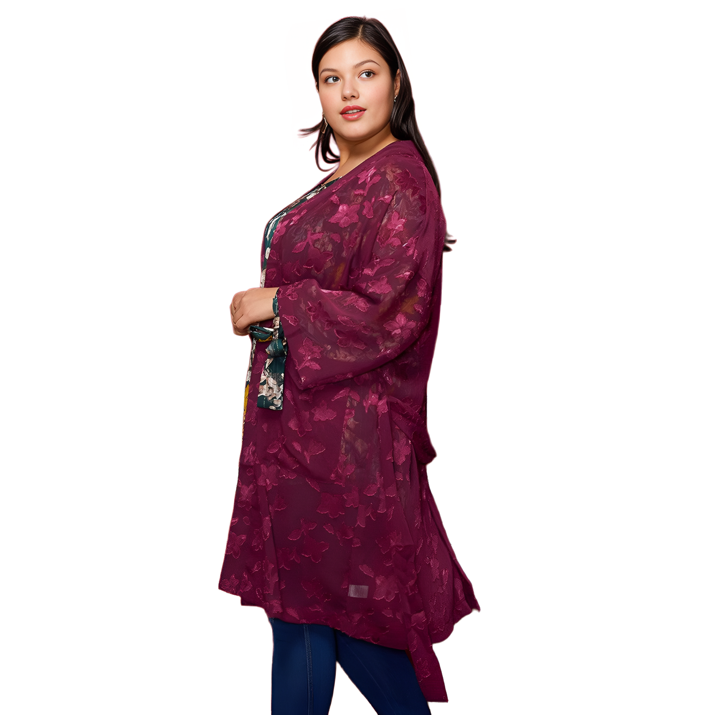 Plus Size Sheer Floral Embossed Robe Cardigan - shopatkonus