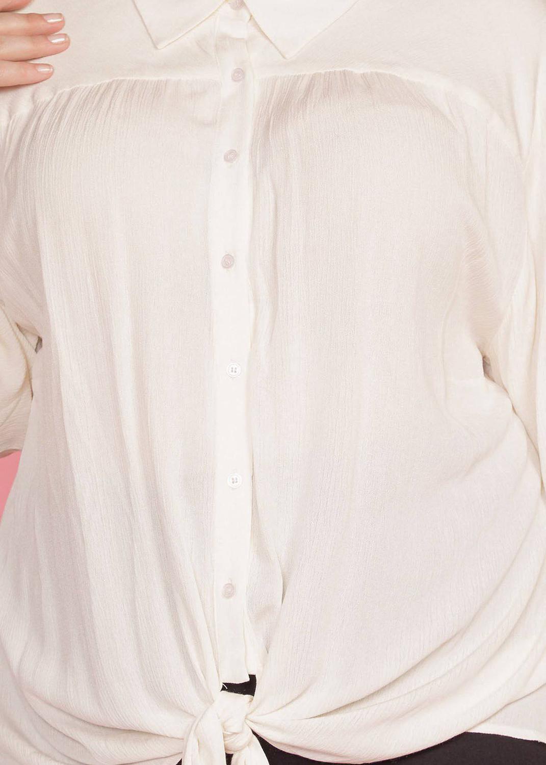 N/A Pleione Plus Size Pleated Tie Hem Button Down Blouse in Ivory