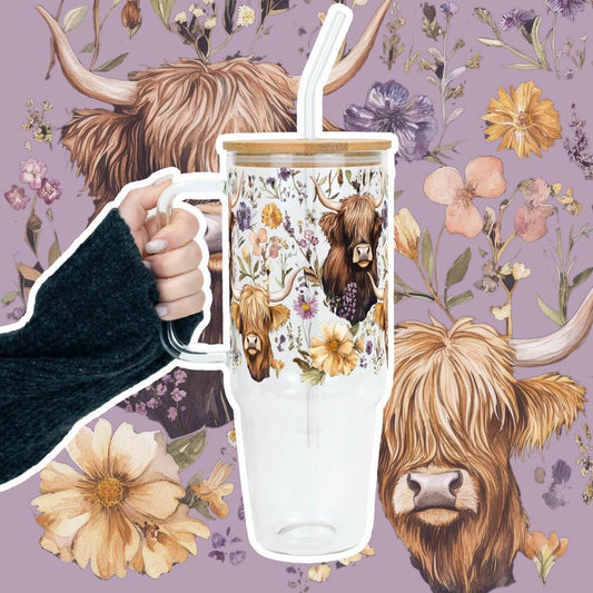 Wildflower Highland Cow Tumbler With Handle Lid and Straw