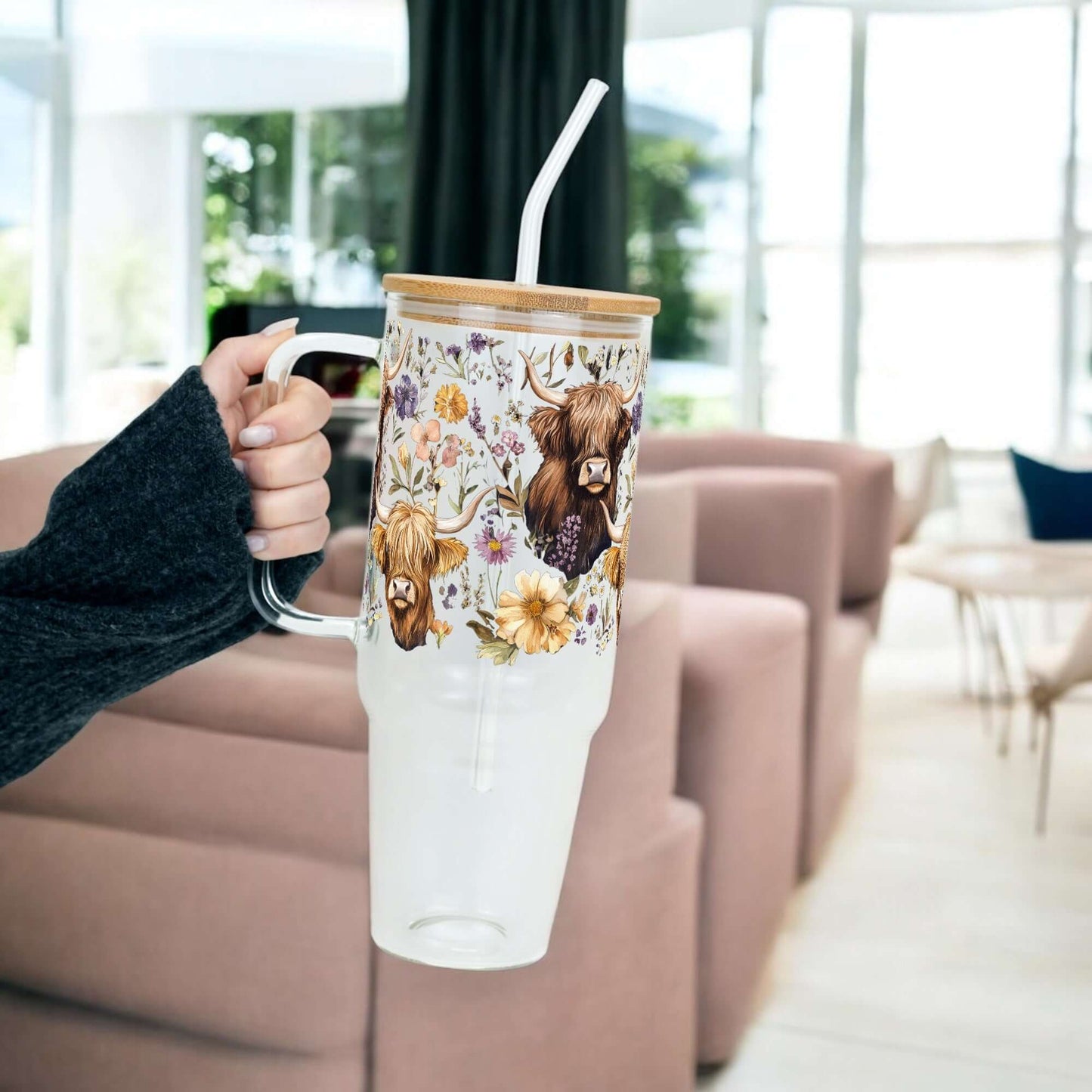Wildflower Highland Cow Tumbler With Handle Lid and Straw