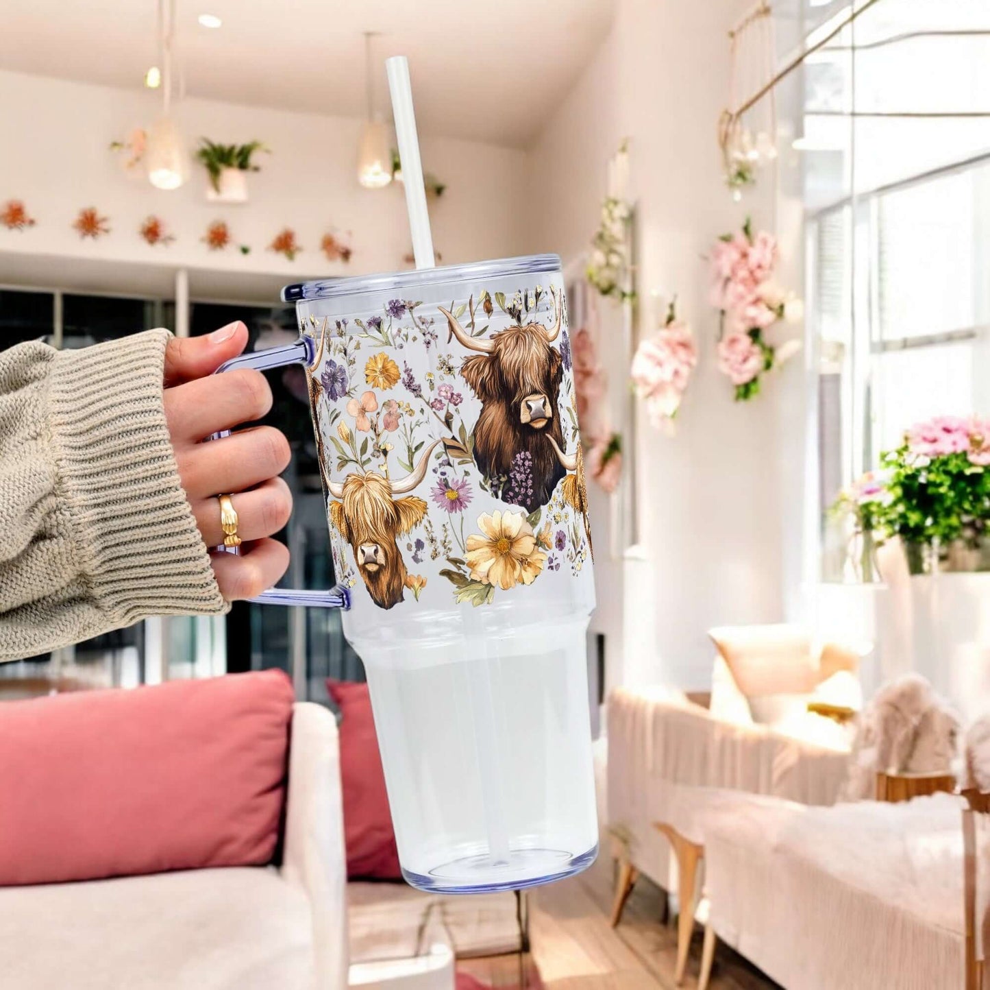 Wildflower Highland Cow Tumbler With Handle Lid and Straw