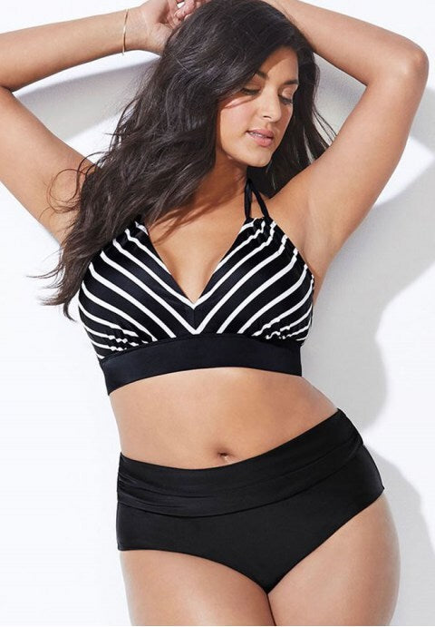 Striped V Neck Halter High Waisted Bikini Swimsuit