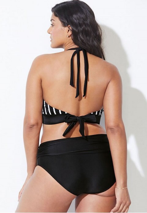 Striped V Neck Halter High Waisted Bikini Swimsuit