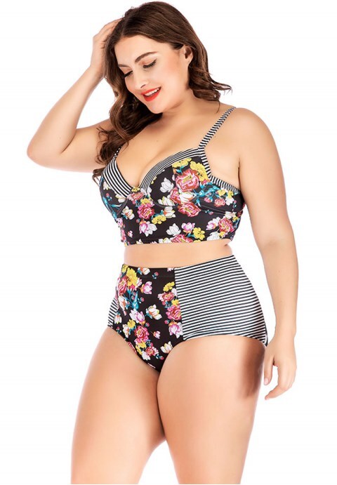 Striped And Flower Underwire Two Piece Swimsuit