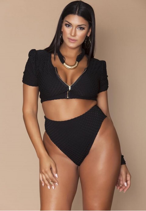 Mesh Sleeved High Waist High Leg Crop Bikini Swimsuit