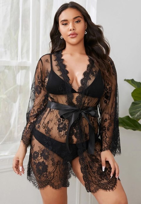Plus Size Romantic Black Lace Kimono Robe