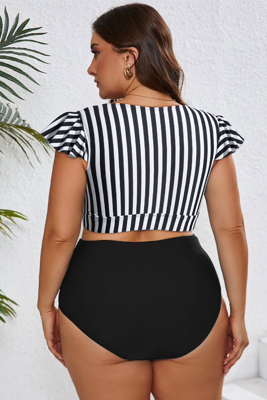 Black Stripe Knot Cutout Ruffle Sleeve and High Waisted 2pcs Swimsuit
