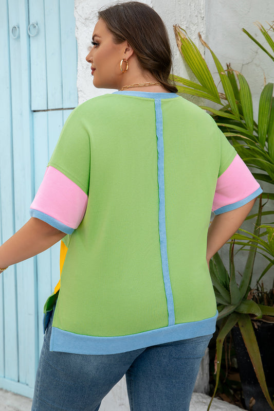 Light Blue Color Block Exposed Seam Patchwork T Shirt