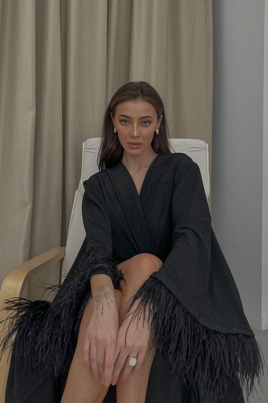 Aster black shiny kimono robe with feathers