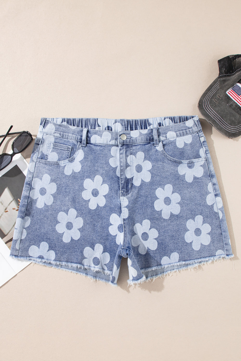 Ashleigh Blue Floral Pattern High Waist Raw Hem Denim Shorts