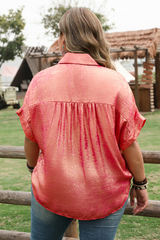Rose Red Metallic Sheen Short Sleeve Button Up Shirt
