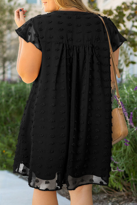 Black Dotty Textured Notched Neck Ruffled Dress