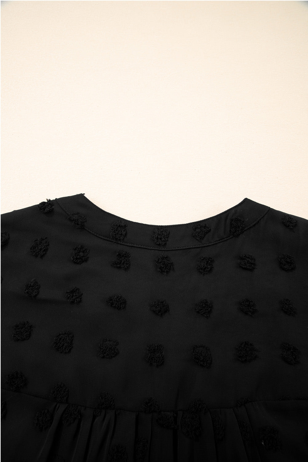 Black Dotty Textured Notched Neck Ruffled Dress