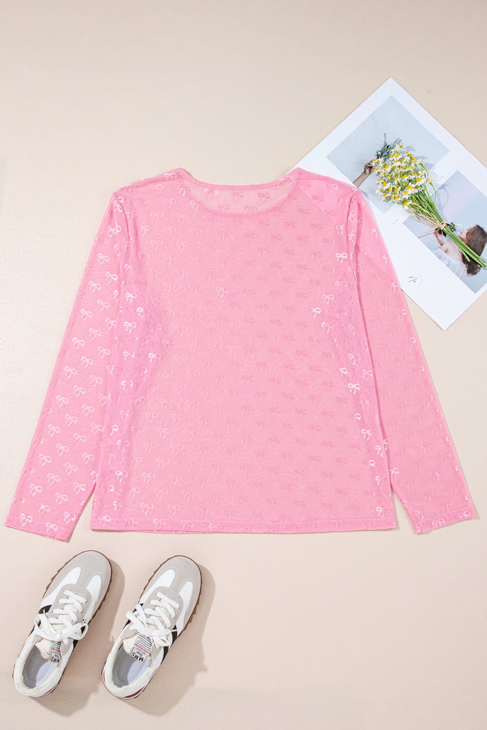Pink Bow Embroidered Mesh Long Sleeve Top