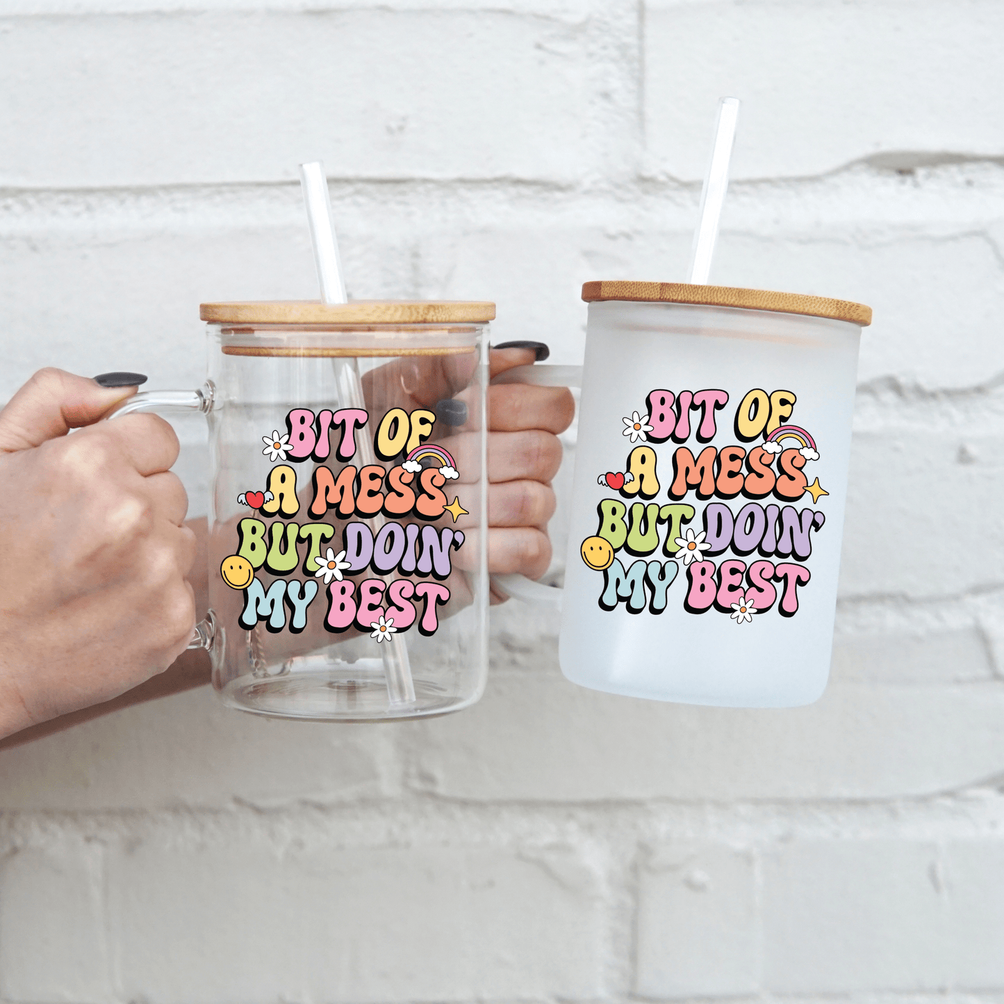Bit of a Mess 17oz Glass Mug With Lid and Straw