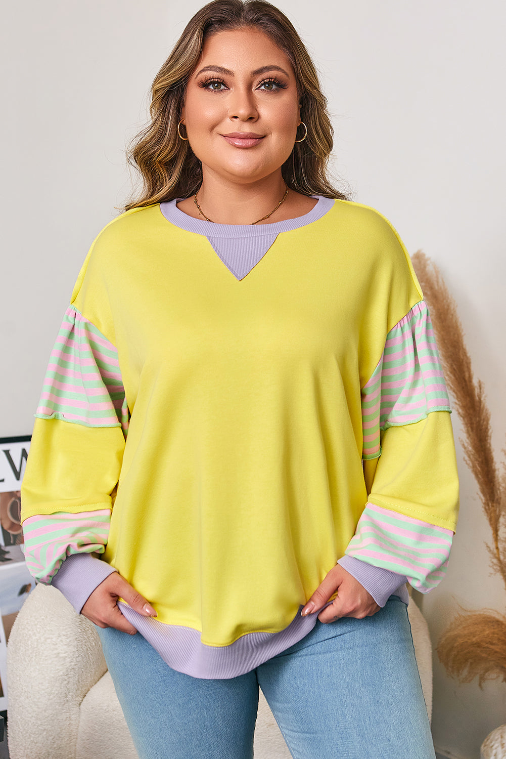 Yellow Striped Color Block Patchwork Crewneck Pullover Sweatshirt