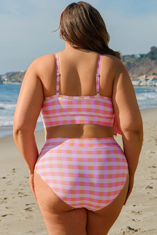 Pink Plaid Print High Waist Bikini Set