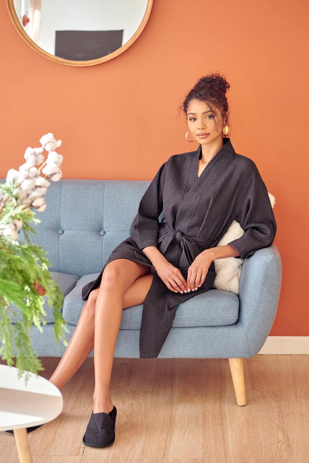 Knee-Length Waffle Kimono Robe