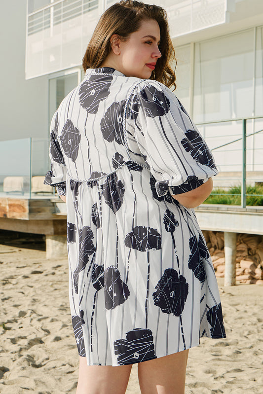 Floral 3/4 Puff Sleeve Lace-up Neck Mini Dress