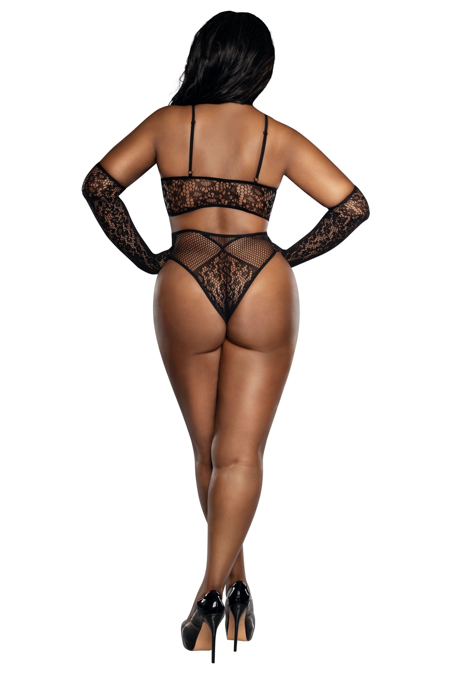 Black Lace Bralette Panty and Gloves Set