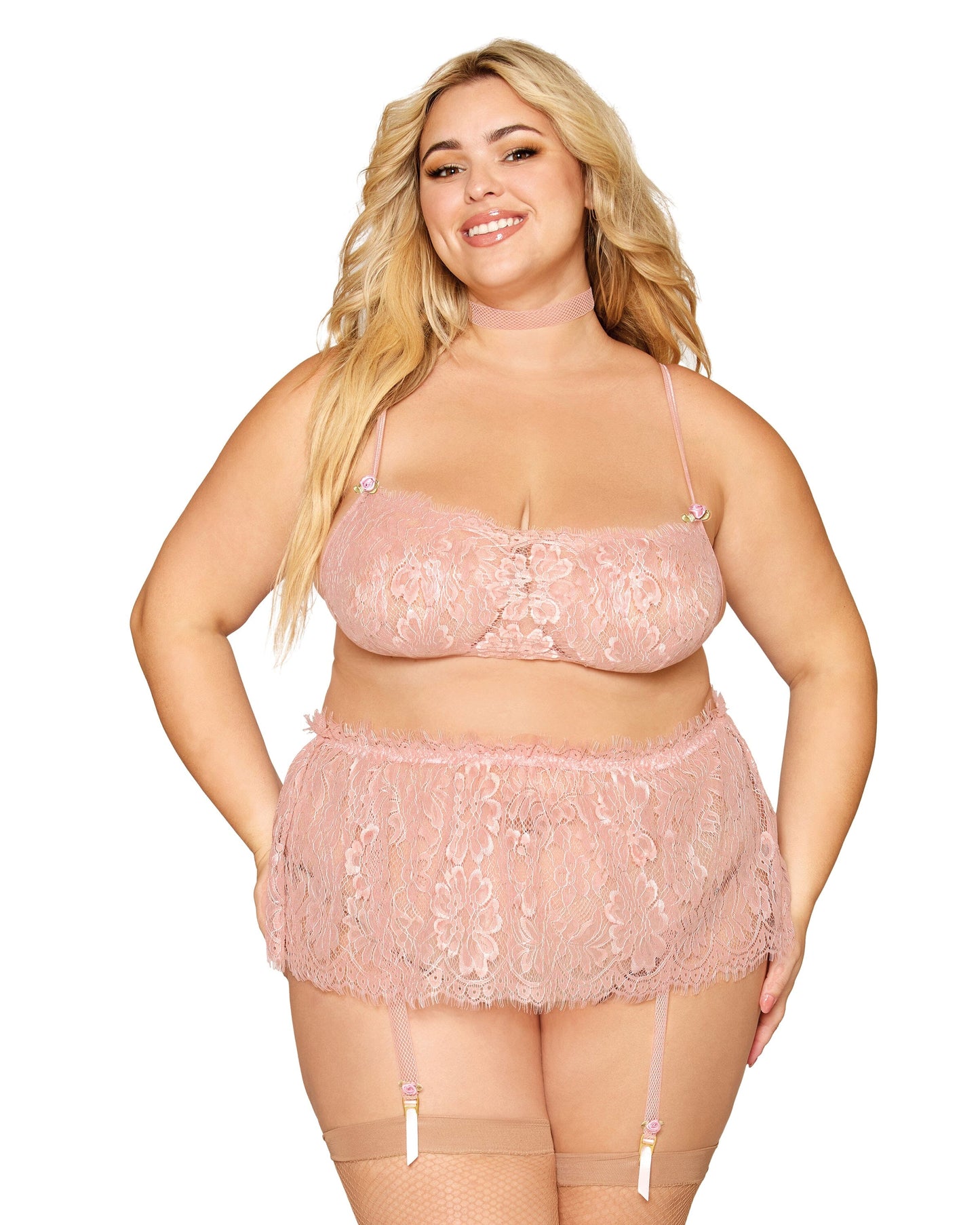 Eyelash Lace Bralette, Garter Skirt, and Choker Set with Satin Rosettes and Fishnet Elastic Trim