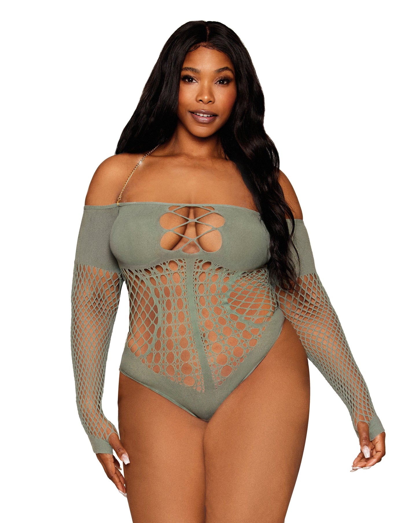 Seamless Long Sleeve Teddy with Removeable Gold Halter Chain