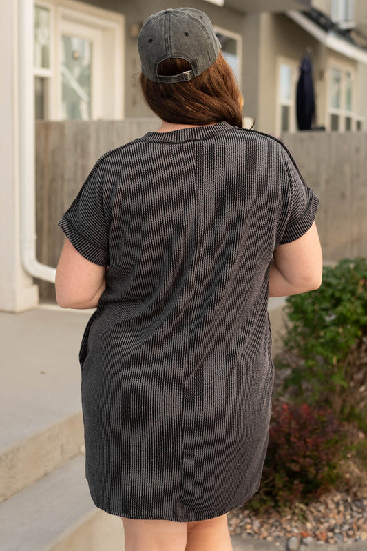 Carbon Grey Corded V Neck T Shirt Dress with Pockets