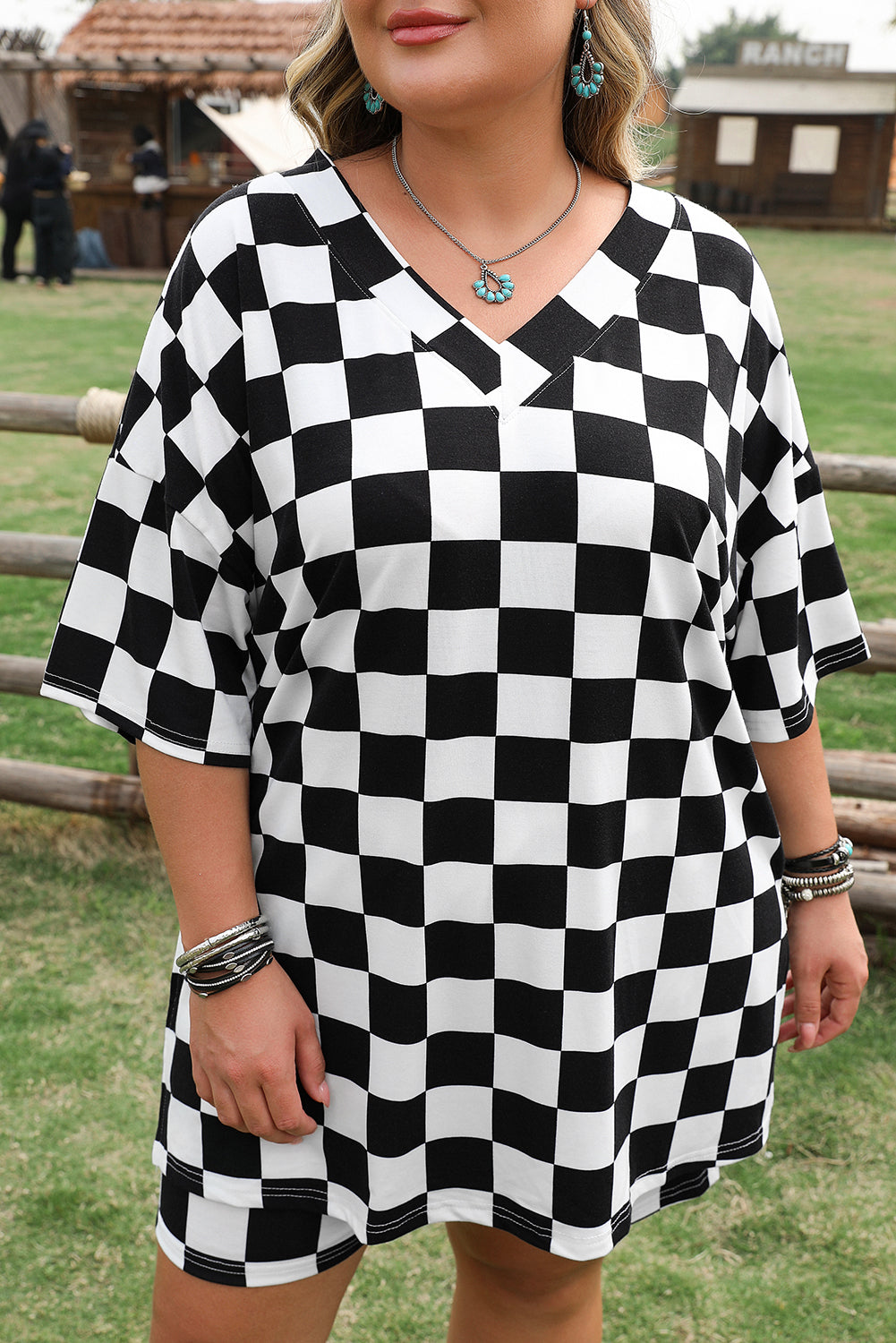 Black Checkered Pattern Tee and Shorts Two Piece Set