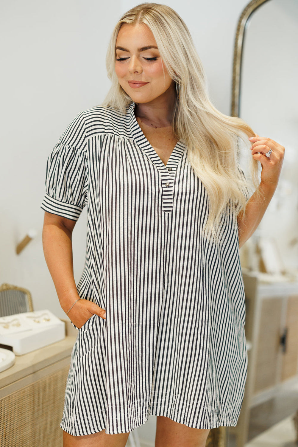Stripe Short Sleeve Buttoned V Neck Pocketed Mini Dress