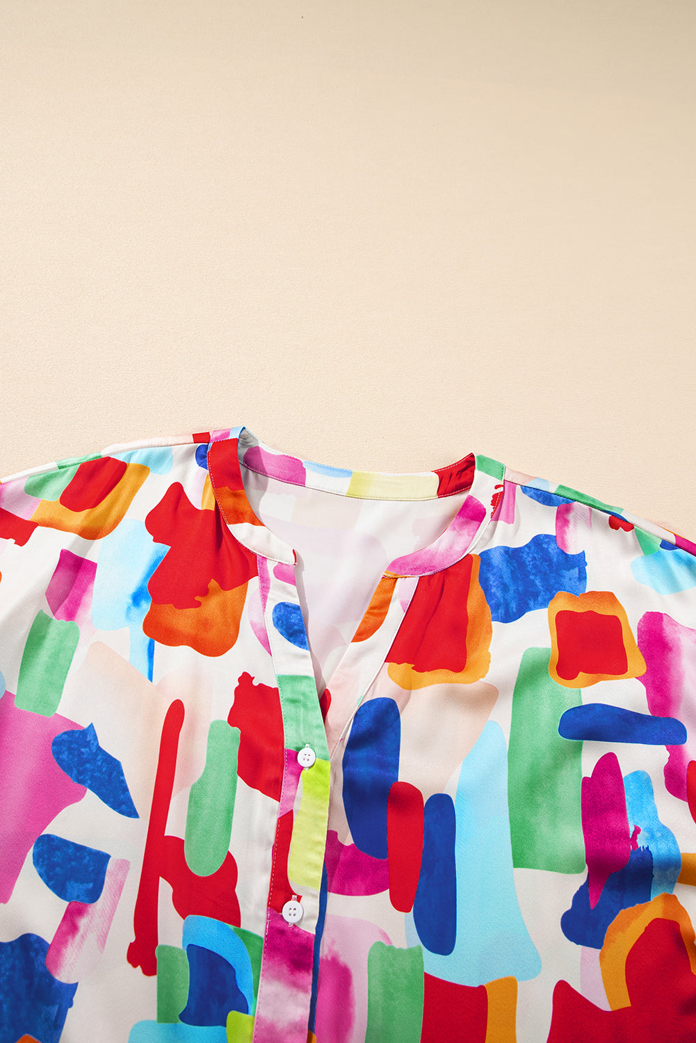 Colorful Brush Stroke Printed Button Split Neck Blouse