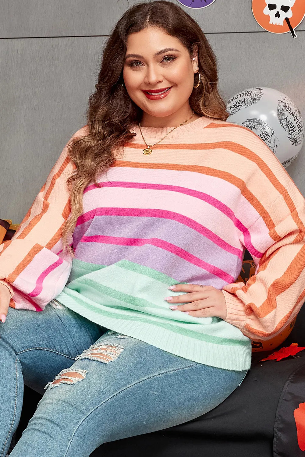 Striped Round Neck Long Sleeve Sweater