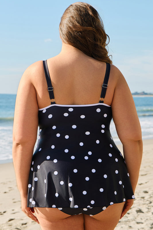 Black Polka Dot Trim V Neck Swim Dress
