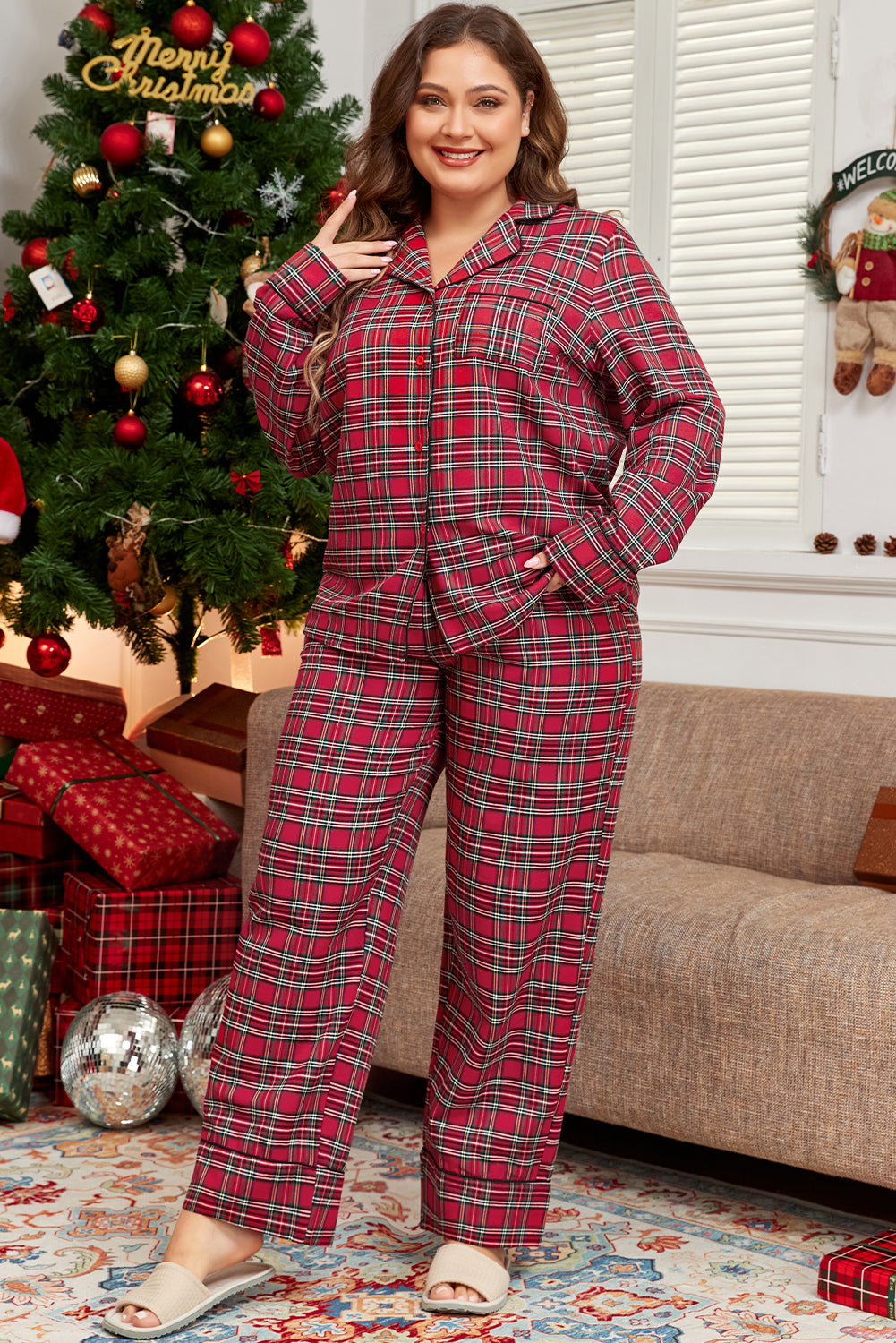 Red Plaid Printed Shirt and Pants Lounge Set