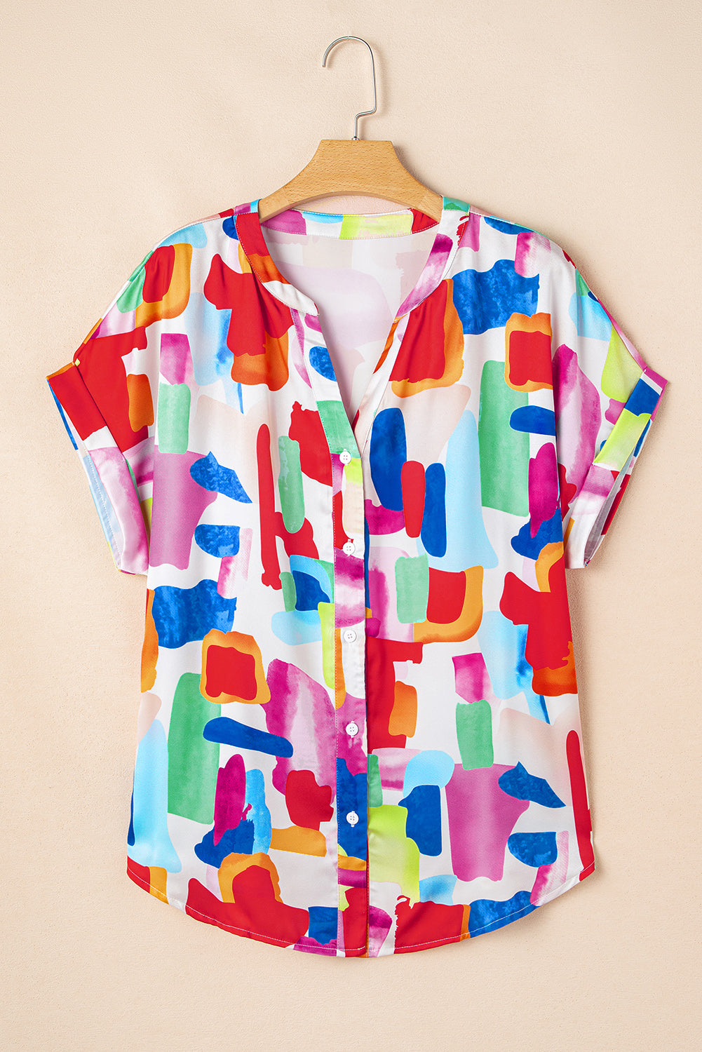 Colorful Brush Stroke Printed Button Split Neck Blouse