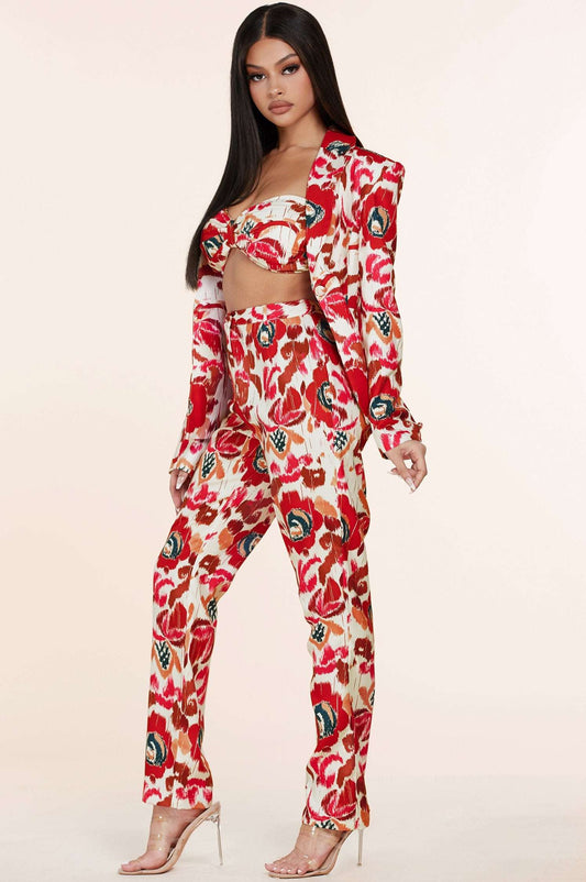 3pc Flower Print Bandeau Top Pants Set