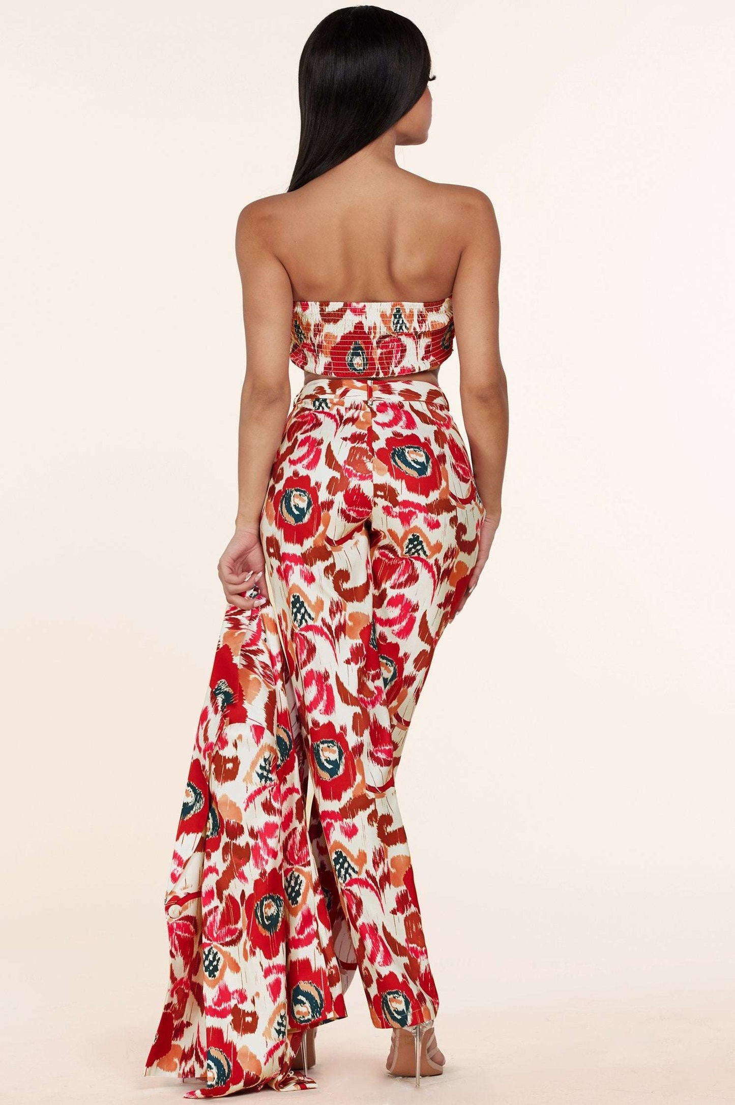 3pc Flower Print Bandeau Top Pants Set
