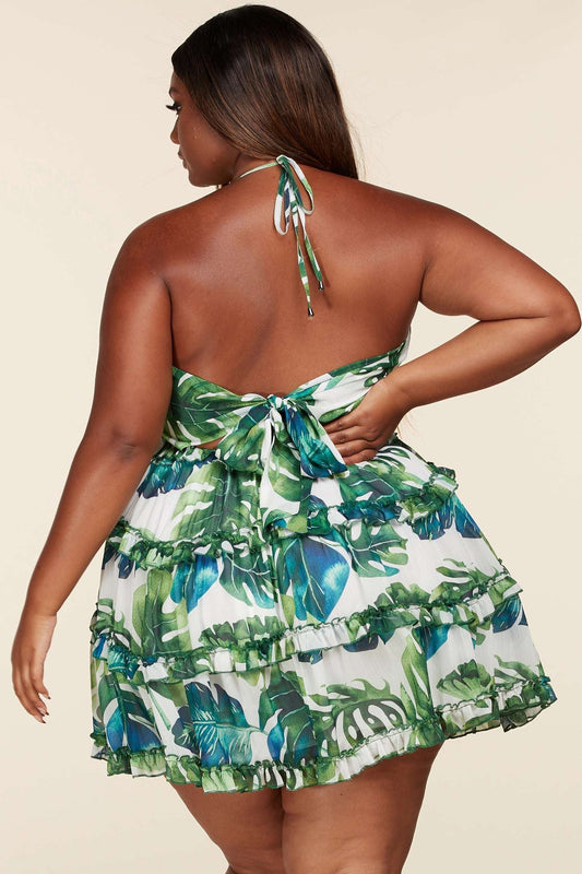 Leaf Print O-ring Mini Dress - Plus Size