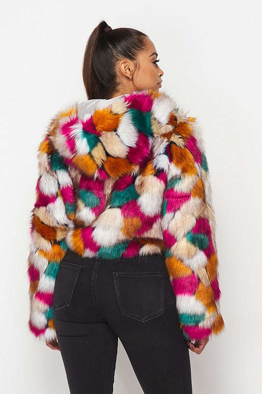 Multicolor Faux Fur Hooded Jacket With Front Zipper
