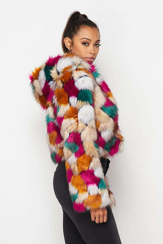 Multicolor Faux Fur Hooded Jacket With Front Zipper