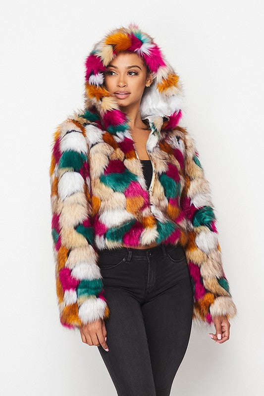 Multicolor Faux Fur Hooded Jacket With Front Zipper