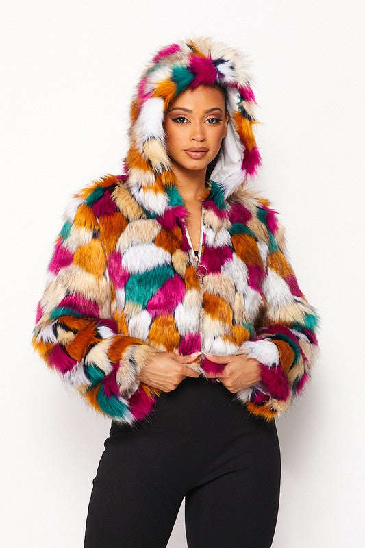 Multicolor Faux Fur Hooded Jacket With Front Zipper