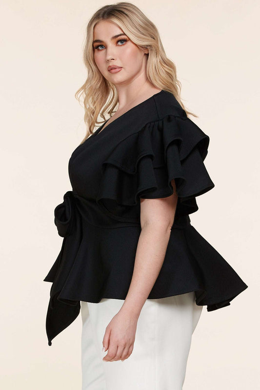 Black Ruffle Plunging V-Neck Fit and Flare Top