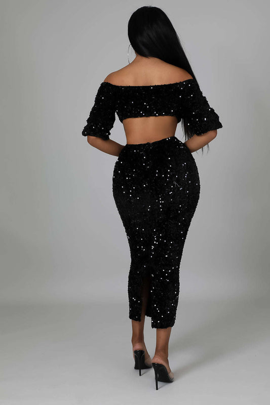 Sequin Matching Crop Top Midi High Waisted Skirt Set - Black